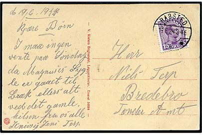 15 øre Chr. X på brevkort (Markedspladsen i Løgumkloster) annulleret med brotype IIb Rabsted d. 19.6.1924 til Bredebro.