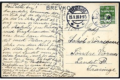 10 øre Bølgelinie på brevkort (Drejø kirke) annulleret med stjernestempel DREJØ og sidestemplet Svendborg d. 25.9.1928 til Taasinge.