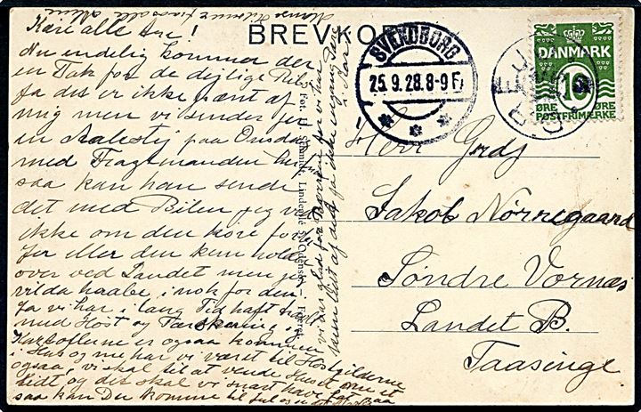 10 øre Bølgelinie på brevkort (Drejø kirke) annulleret med stjernestempel DREJØ og sidestemplet Svendborg d. 25.9.1928 til Taasinge.