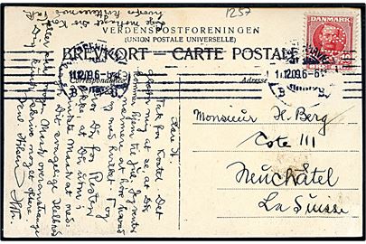 10 øre Fr. VIII med perfin Ø.K. (Østasiatisk Kompagni) på brevkort fra Kjøbenhavn d. 11.12.1909 til Neuchatel, Schweiz.