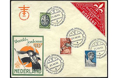 Komplet sæt 5. Spejder Verdensjamboree udg. på uadresseret fortrykt kuvert med mærkater annulleret med særligt spejderstempel Bloemendaal/Vogelenzang Wereld Jamboree / 4 / d. 31.7.1937.