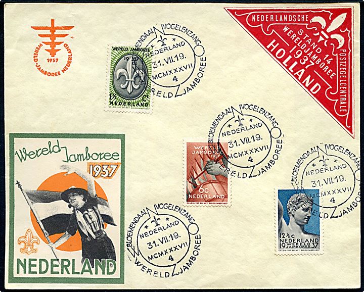 Komplet sæt 5. Spejder Verdensjamboree udg. på uadresseret fortrykt kuvert med mærkater annulleret med særligt spejderstempel Bloemendaal/Vogelenzang Wereld Jamboree / 4 / d. 31.7.1937.
