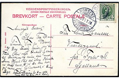 5 øre Fr. VIII på brevkort annulleret med sjældent stjernestempel ØRNSTRUP og sidestemplet bureau Horsens - Juelsminde T.7 d. 4.10.1907 til Forlev St. Stjernestempel anvendt ca. 4 måned senere end registreret i Skilling. Skilling 1500,-