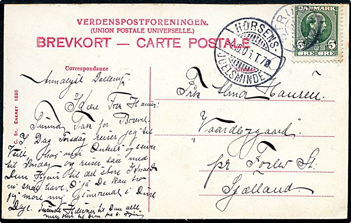 5 øre Fr. VIII på brevkort annulleret med sjældent stjernestempel ØRNSTRUP og sidestemplet bureau Horsens - Juelsminde T.7 d. 4.10.1907 til Forlev St. Stjernestempel anvendt ca. 4 måned senere end registreret i Skilling. Skilling 1500,-
