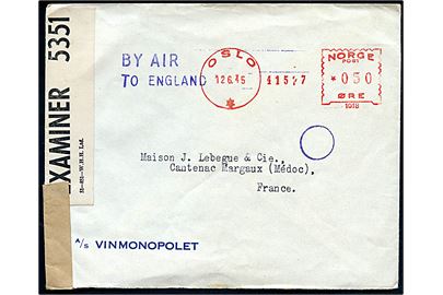 50 øre firmafranko frankeret brev fra A/S Vinmonopolet i Oslo d. 12.6.1945 til Cantenec Margaux, Frankrig. Blåt stempel: BY AIR TO ENGLAND, samt violet neutralt norsk efterkrigscensur og åbnet af britisk censur PC90/5351.
