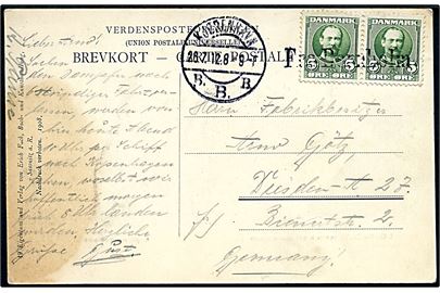 5 øre Fr. VIII i parstykke på brevkort (Hammershus) annulleret med skibsstempel Fra Bornholm og sidestemplet Kjøbenhavn B.B.B. d. 26.7.1912 til Dresden, Tyskland. Skjold.