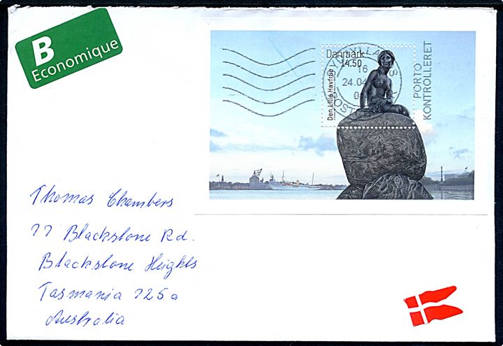 14,50 kr. Lille Havfrue blokudg. på B-brev fra Otterup annulleret Sydjyllands Postcenter d. 24.4.2014 til Blackstone Hights, Tasmania, Australien.