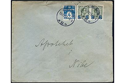 4 øre Bølgelinie og 8/12 øre Provisorium i parstykke på brev fra Kjøbenhavn d. 13.10.1921 til Nibe.