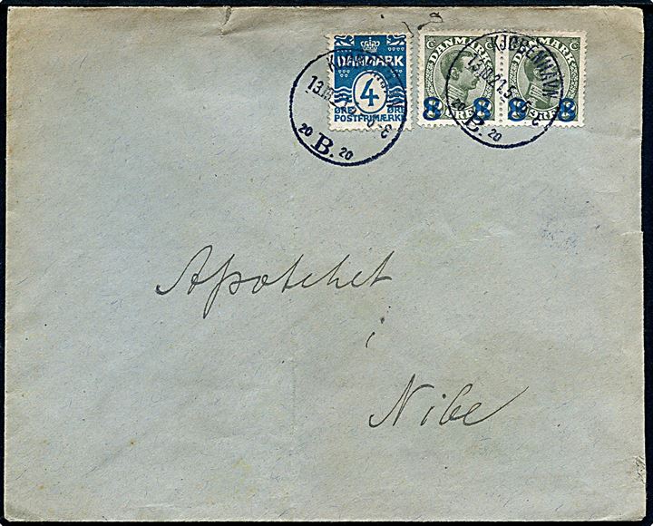 4 øre Bølgelinie og 8/12 øre Provisorium i parstykke på brev fra Kjøbenhavn d. 13.10.1921 til Nibe.