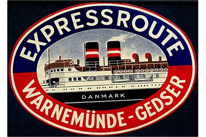 Expressroute / Warnemünde - Gedser. Stor illustreret bagagemærke med færgen Danmark. Tegnet af Helge Rafn 1936. Ubrugt.
