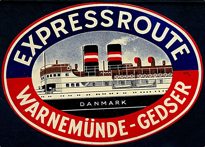Expressroute / Warnemünde - Gedser. Stor illustreret bagagemærke med færgen Danmark. Tegnet af Helge Rafn 1936. Ubrugt.