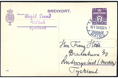 7 øre helsagsbrevkort (fabr. 118) fra Vedbæk annulleret med sejlende bureaustempel Kjøbenhavn - Malmø POST 4 d. 18.4.1936 til Ludwigslust, Tyskland. Uden meddelelse på bagsiden.