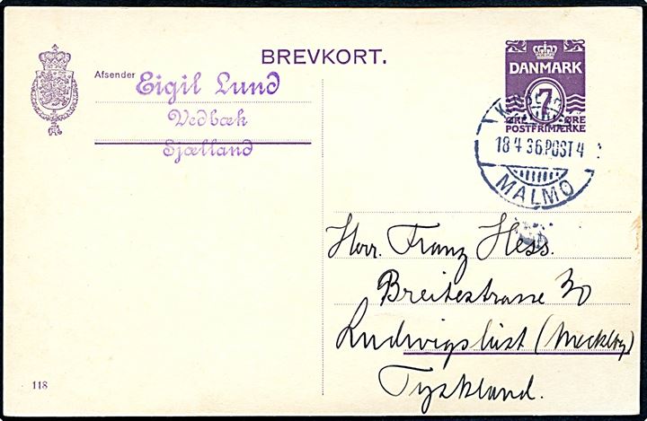 7 øre helsagsbrevkort (fabr. 118) fra Vedbæk annulleret med sejlende bureaustempel Kjøbenhavn - Malmø POST 4 d. 18.4.1936 til Ludwigslust, Tyskland. Uden meddelelse på bagsiden.
