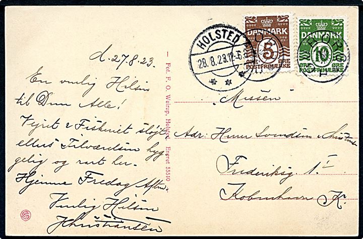 5 øre og 10 øre Bølgelinie på brevkort (gadeparti fra Holsted) annulleret med stjernestempel HOUBORG og sidestemplet Holsted 28.8.1929 til København.