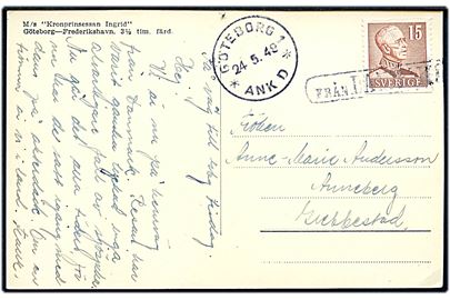 15 öre Gustaf på brevkort (M/S Kronprinsessan Ingrid Göteborg-Frederikshavn) annulleret med skibsstempel Från Danmark og sidestemplet Göteborg d. 24.5.1949 til Gubbestad.