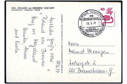 40 pfg. på brevkort (M/S Roland von Bremen) annulleret med skibsstempel Deutsche Schiffspost MS Roland von Bremen / Bremerhaven - Helgoland d. 28.5.1977 til Bremerhaven.