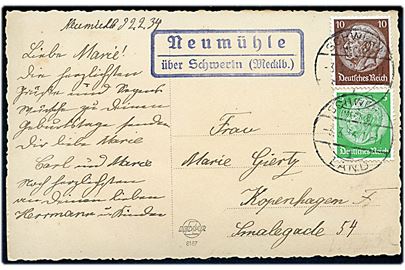 5 pfg. og 10 pfg. Hindenburg på brevkort annulleret Schwerin (Mecklb.) Land d. 3.3.1934 og sidestemplet Neumühle über Schwerin (Mecklb.) til København, Danmark.