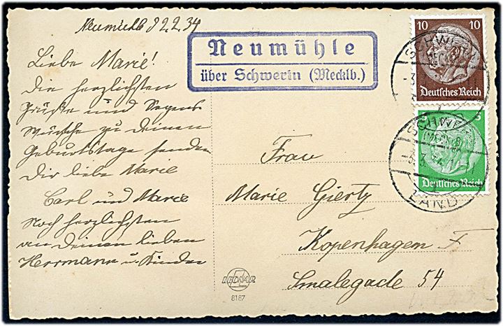 5 pfg. og 10 pfg. Hindenburg på brevkort annulleret Schwerin (Mecklb.) Land d. 3.3.1934 og sidestemplet Neumühle über Schwerin (Mecklb.) til København, Danmark.