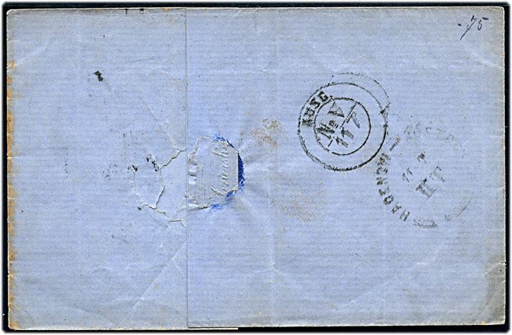 Ufrankeret francobrev med 2-ringsstempel Rüstrow d. 11.7.18xx til Rostock. På bagsiden del af bureaustempel Hagenau - Rostock.