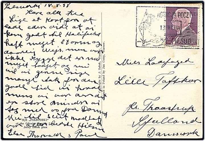 30 gr. på brevkort (M/S Pilsudski) annulleret med skibsstempel M/S Pilsudski d. 13.8.1938 til Taastrup, Danmark.