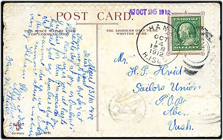 1 cents på brevkort stemplet Hana H. Isls d. 14.10.1912 via Honolulu til Washington. Sendt fra dansk sømand i Hana, Maui, Hawaii.