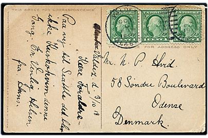 1 cent (3) Washington på brevkort (Indianske totempæle) fra Valdes, Alaska d. 3.10.1918 til Odense, Danmark. 