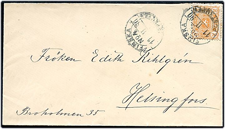 20 pen Våben på brev annulleret med bureau stempel Finska Postkupen No. 4 (= Helsingfors - Åbo) d. 11.2.1890 til Helsingfors.