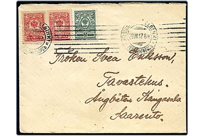 5 pen. og 10 pen (2) Våben på brev fra Helsingfors d. 29.8.1917 via Tavastehus og med Ångbåten Kangasala. Dampskibet sejlede mellem Tavastehus og Sääksmäki.
