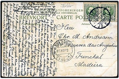 5 øre Fr. VIII i parstykke på brevkort fra Odense JB.P.E. d. 31.10.1910 til Funchal, Madeira. Ank.stemplet d. 6.11.1910.
