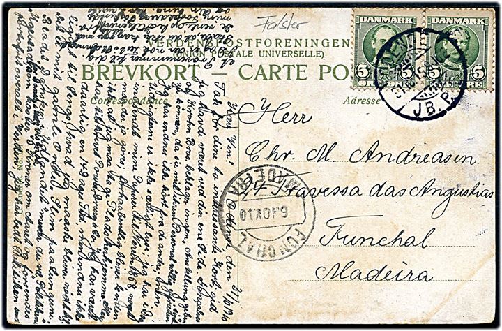 5 øre Fr. VIII i parstykke på brevkort fra Odense JB.P.E. d. 31.10.1910 til Funchal, Madeira. Ank.stemplet d. 6.11.1910.