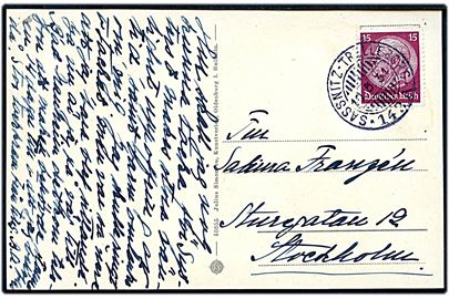 Tysk 15 pfg. Hindenburg på brevkort (Færgen Preussen) annulleret med svensk sejlende bureaustempel Sassnitz - Trelleborg * 142 A * d. 10.5.1934 til Stockholm, Sverige.