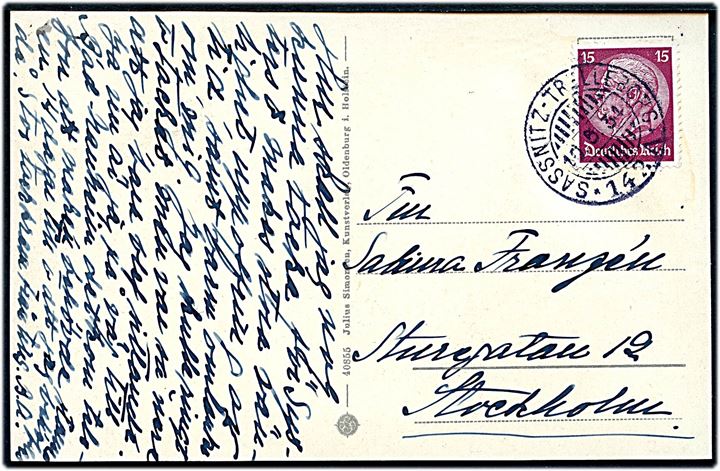Tysk 15 pfg. Hindenburg på brevkort (Færgen Preussen) annulleret med svensk sejlende bureaustempel Sassnitz - Trelleborg * 142 A * d. 10.5.1934 til Stockholm, Sverige.