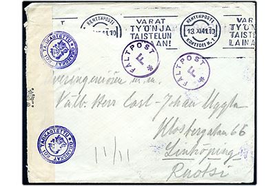 Ufrankeret feltpostbrev stemplet Kenttäposti Konttori Nr. 1 d. 13.11.1941 til Linköping, Sverige. Fra svensk løjtnant Uggla ved KpK 2 / 1481 (= 26 Infanteri Regiment). Violet stempel FÄLTPOST F * og åbnet af finsk censur no. 102.