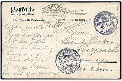 Ufrankeret feltpostkort (S/S Erna Woermann) stemplet Hamburg Freihafen d. 18.1.1906 via Hadersleben til Hammeleff. Skrevet på dansk fra sønderjysk soldat på vej til krigstjeneste i Tysk Sydvestafrika.