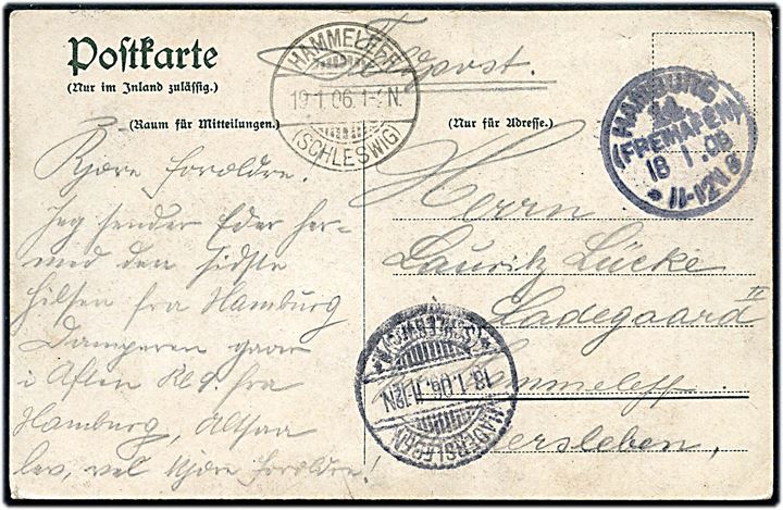 Ufrankeret feltpostkort (S/S Erna Woermann) stemplet Hamburg Freihafen d. 18.1.1906 via Hadersleben til Hammeleff. Skrevet på dansk fra sønderjysk soldat på vej til krigstjeneste i Tysk Sydvestafrika.