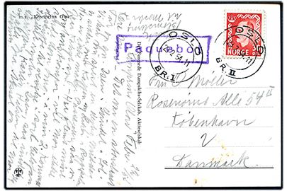 30 øre Haakon på brevkort (DFDS færgen M/S Kronprins Olav) skrevet ombord og annulleret Oslo d. 23.2.1954 og sidestemplet Paquebot til København, Danmark.
