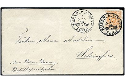 20 pen. Våben på brev annulleret med bureaustempel Finska Post Kupen No. 14 (?) d. 10.4.1888 til Helsingfors.