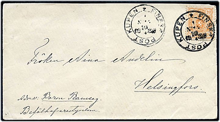 20 pen. Våben på brev annulleret med bureaustempel Finska Post Kupen No. 14 (?) d. 10.4.1888 til Helsingfors.