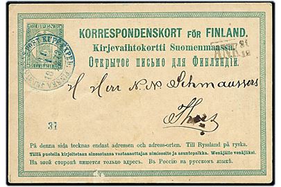 8 pen. helsagsbrevkort fra Hyvinge (Hy) annulleret med blåligt bureaustempel Finska Jernvägens Post Kupe Exped. No 1 d. 31.12.1873 med løst stationsnummer 31 til Tavastehus (Thus).