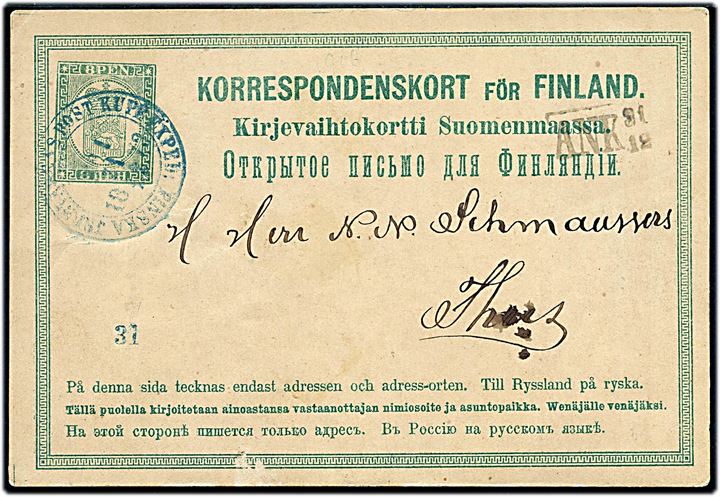 8 pen. helsagsbrevkort fra Hyvinge (Hy) annulleret med blåligt bureaustempel Finska Jernvägens Post Kupe Exped. No 1 d. 31.12.1873 med løst stationsnummer 31 til Tavastehus (Thus).