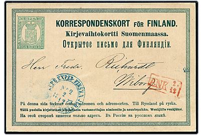 8 pen. helsagsbrevkort dateret Kausala annulleret med blåligt bureaustempel Finska Jernvägens Post Kupe Exped. No 2 d. 2.12.1873 med løst stationsstempel 22 til Wiborg.