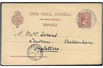 10 cts. helsagsbrevkort stemplet Santa Cruz Tenerife d. 3.4.1894 og sidestemplet Ship Letter London d. 11.4.1894 til London, England.