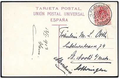 10 cts. Affonso XIII på brevkort fra Gran Canaria annulleret med britisk skibsstempel Paquebot Posted at sea received Liverpool d. 23.1.1913 til St. Avold, Tyskland.