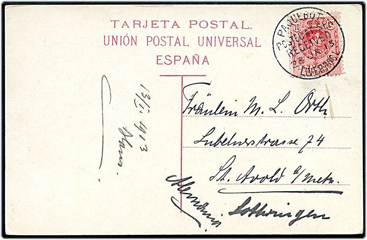 10 cts. Affonso XIII på brevkort fra Gran Canaria annulleret med britisk skibsstempel Paquebot Posted at sea received Liverpool d. 23.1.1913 til St. Avold, Tyskland.