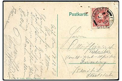 10 cts. på brevkort fra Santa Cruz, Tenerife annulleret med britisk skibsstempel Paquebot Liverpool d. 28.12.1908 til Karibi, Tysk Sydvestafrika.