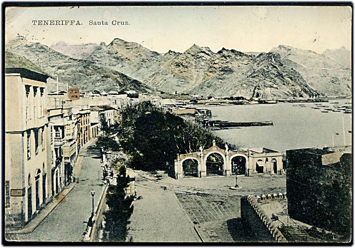 10 cts. på brevkort fra Santa Cruz, Tenerife annulleret med britisk skibsstempel Paquebot Liverpool d. 28.12.1908 til Karibi, Tysk Sydvestafrika.