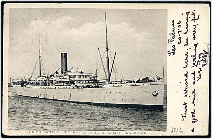 1d Edward VII på brevkort (Union Castle Line S/S Galician) dateret i Las Palmas og annulleret med skibsstempel Ship Letter London d. 30.7.1906 til Dublin, Ireland.