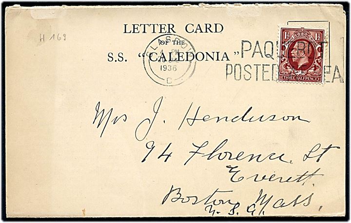 1½d George V på illustreret Letter Card fra S/S Caledonia annulleret med skibsstempel Glasgow / Paquebot Posted at Sea d. 20.7.1936 til Boston, USA.