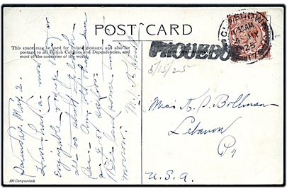1½d George V på brevkort (S/S Cameronia) annulleret Glasgow d. 4.5.1925 og sidestemplet Paquebot til Lebanon, USA.