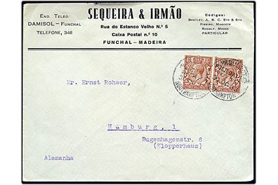 1½d George V i parstykke på fortrykt kuvert fra Funchal, Madeira annulleret med britisk skibsstempel Paquebot Posted at Sea received Southampton d. 30.10.1933 til Hamburg, Tyskland.